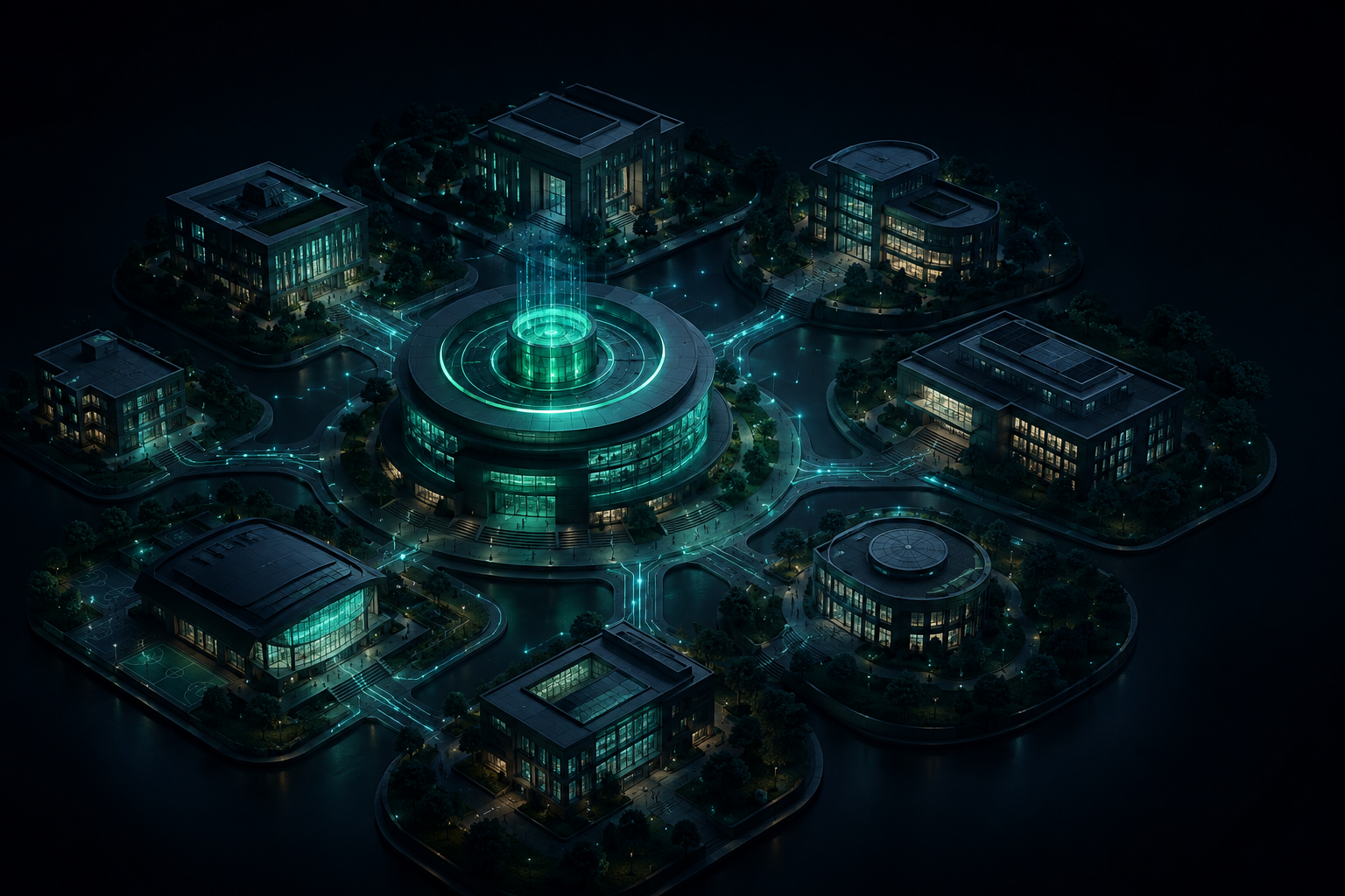 Minimundo digital do campus, com uma plataforma central conectando os diferentes módulos da universidade